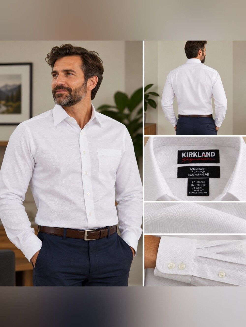Kirkland Signature Men's White Non-Iron Dress Shirt XL Tailored Fit